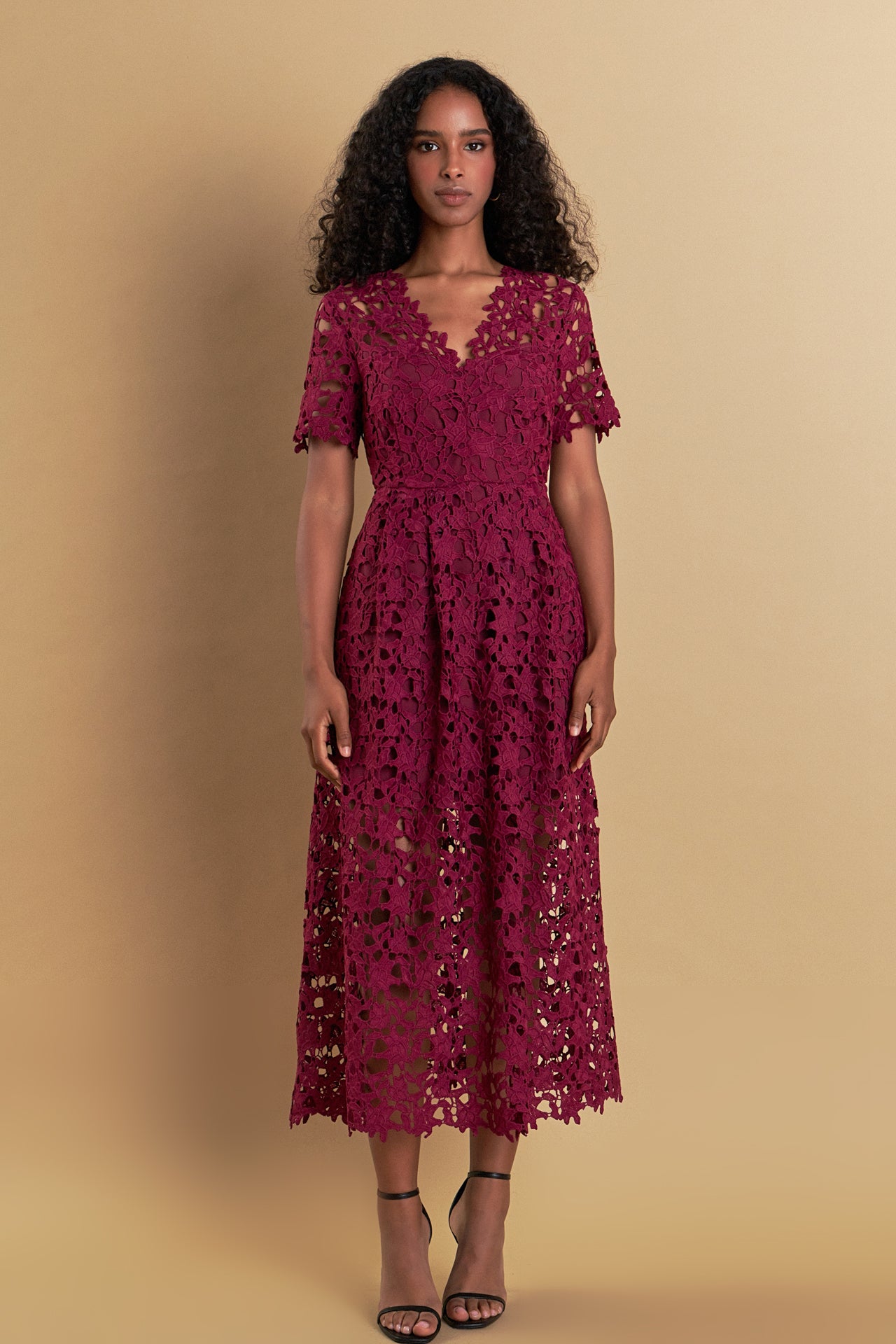 ENDLESS ROSE - All Over Lace Short Sleeves Midi Dress - DRESSES available at Objectrare