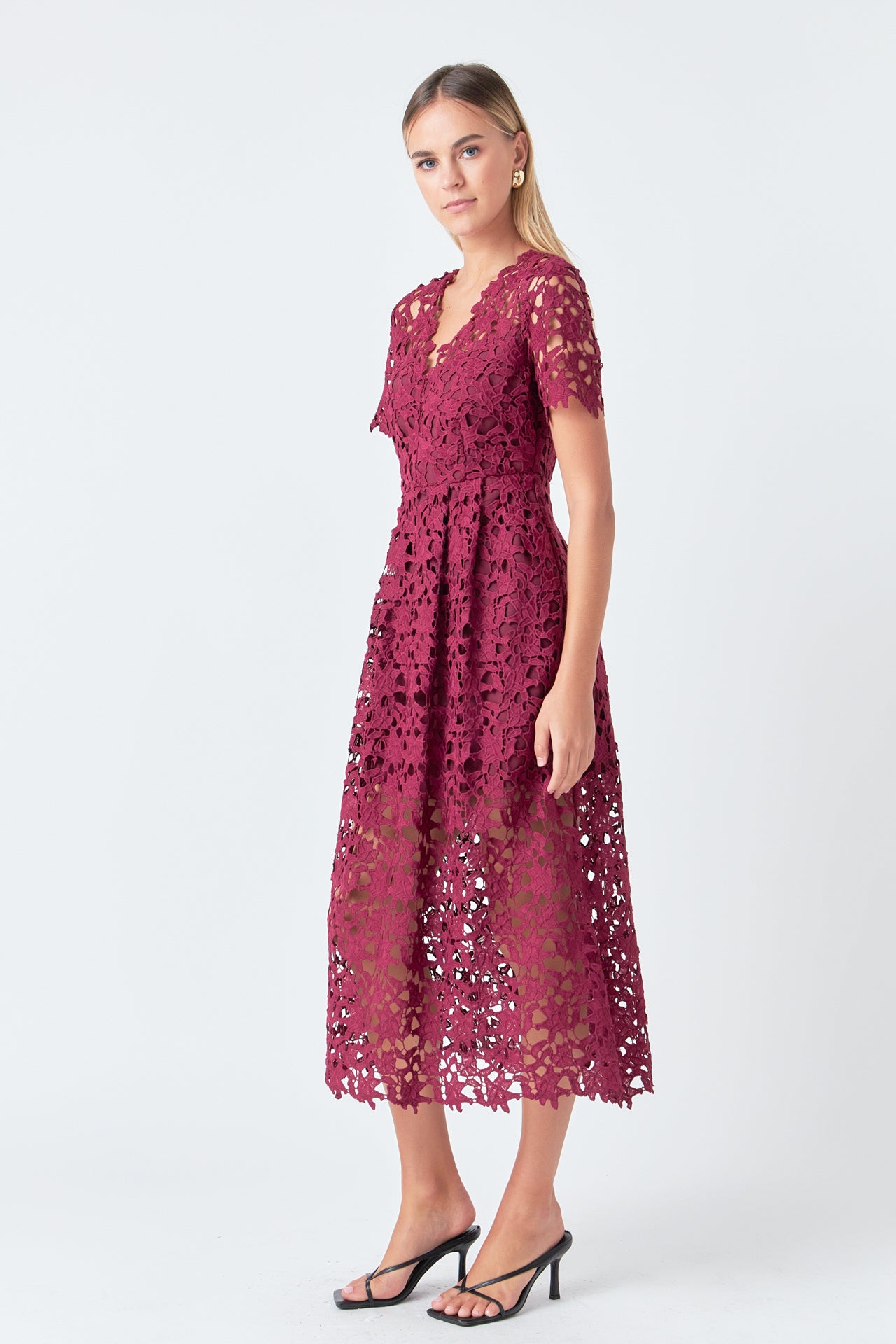 ENDLESS ROSE - All Over Lace Short Sleeves Midi Dress - DRESSES available at Objectrare