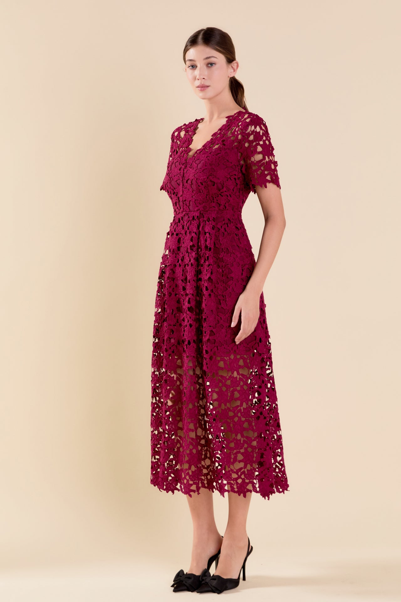 ENDLESS ROSE - Endless Rose - All Over Lace Short Sleeves Midi Dress - DRESSES available at Objectrare