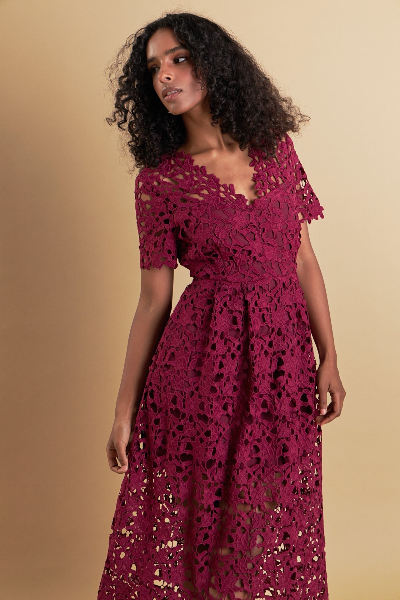 ENDLESS ROSE - Endless Rose - All Over Lace Short Sleeves Midi Dress - DRESSES available at Objectrare