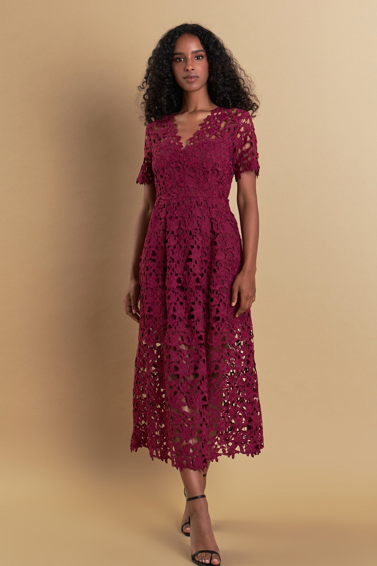 ENDLESS ROSE - All Over Lace Short Sleeves Midi Dress - DRESSES available at Objectrare