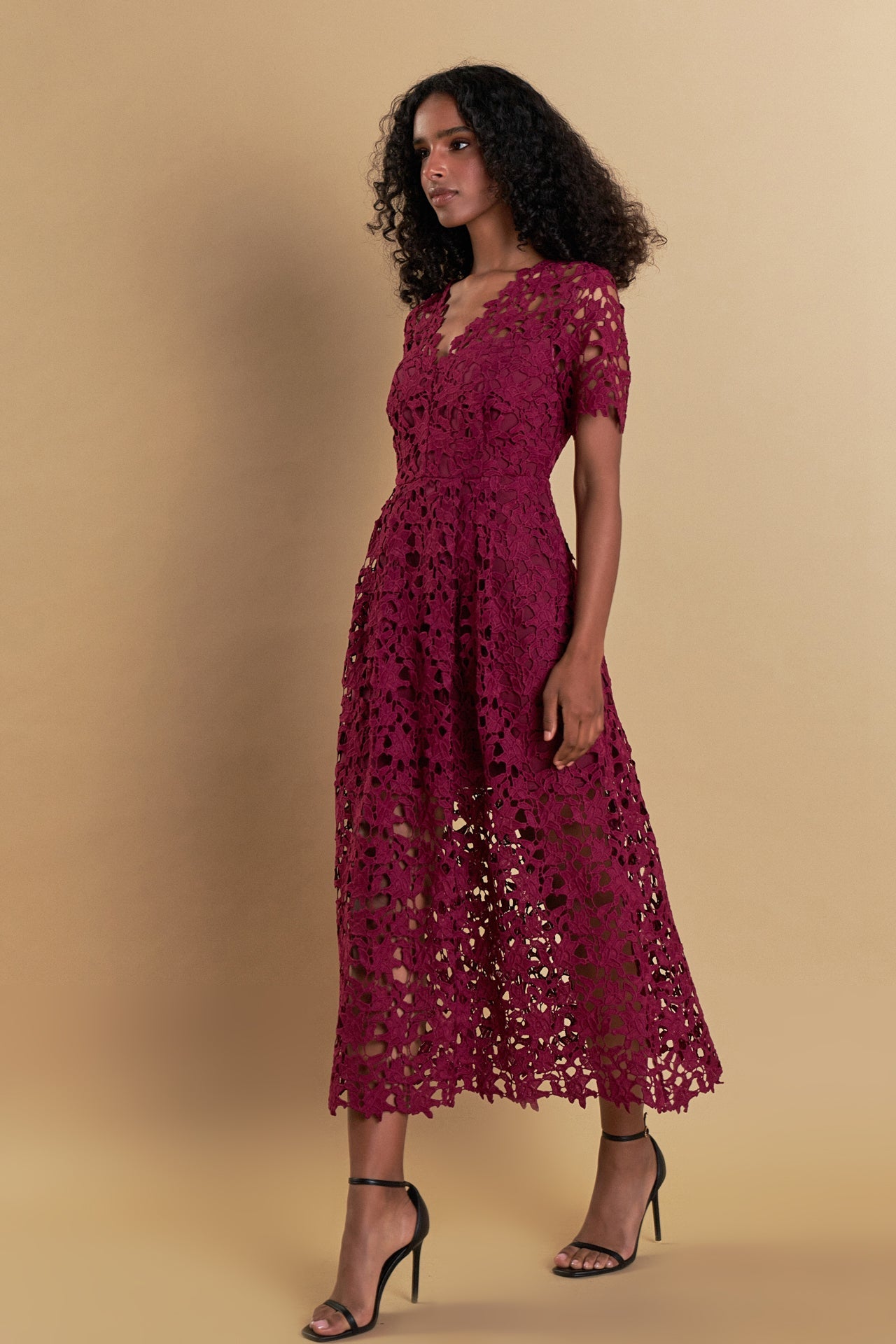ENDLESS ROSE - All Over Lace Short Sleeves Midi Dress - DRESSES available at Objectrare