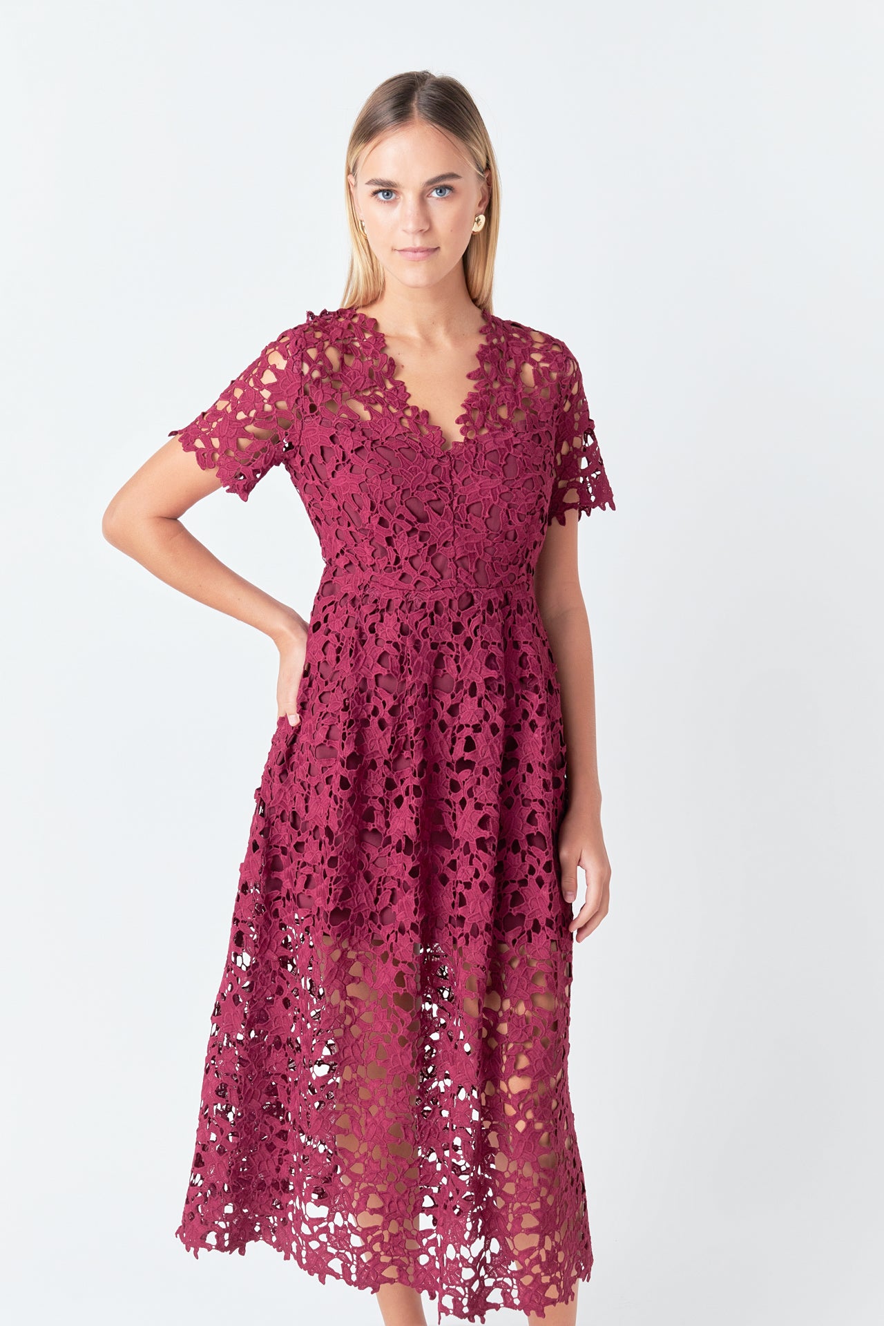 ENDLESS ROSE - All Over Lace Short Sleeves Midi Dress - DRESSES available at Objectrare