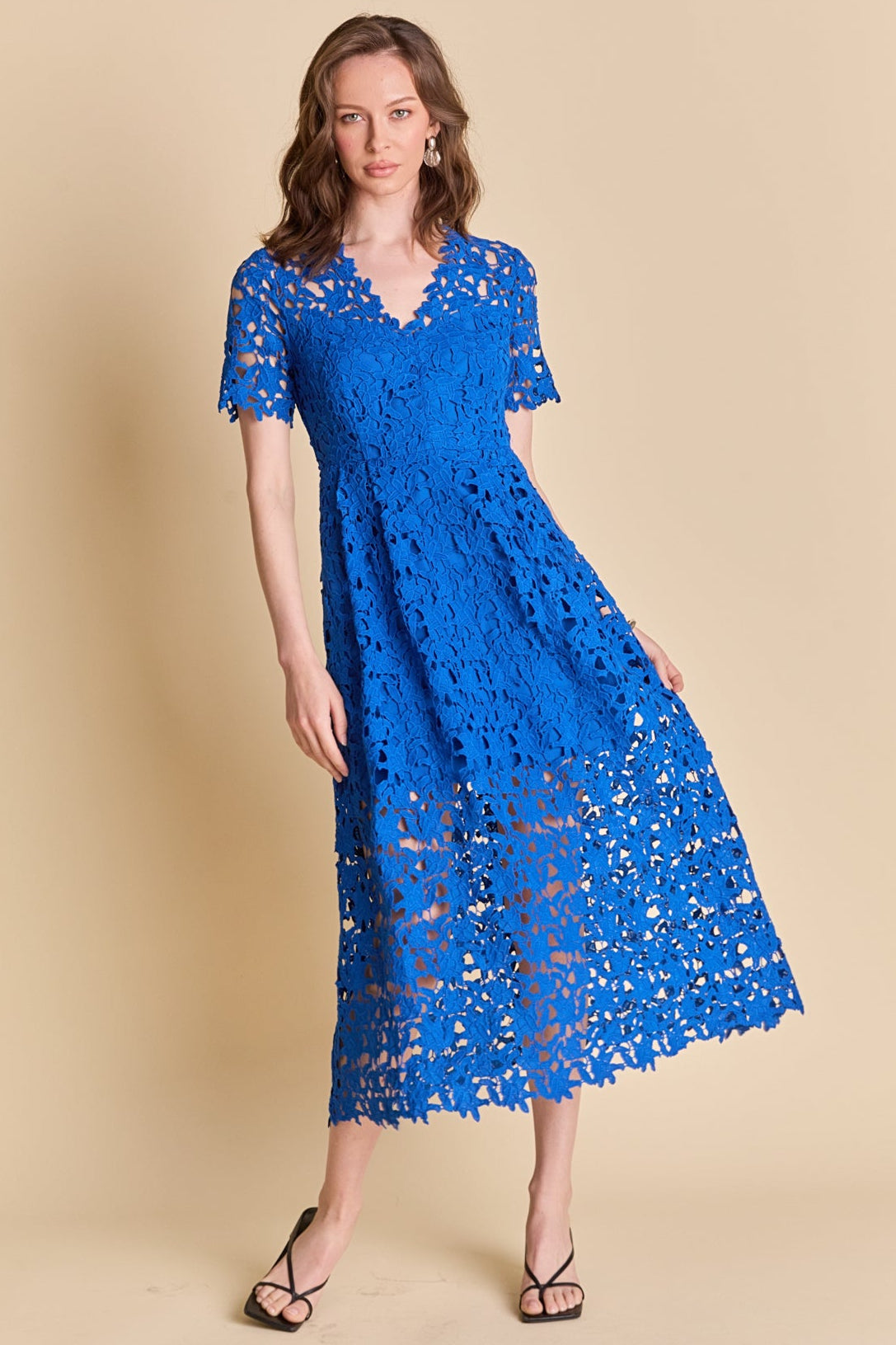 All Over Lace Short Sleeves Midi Dress