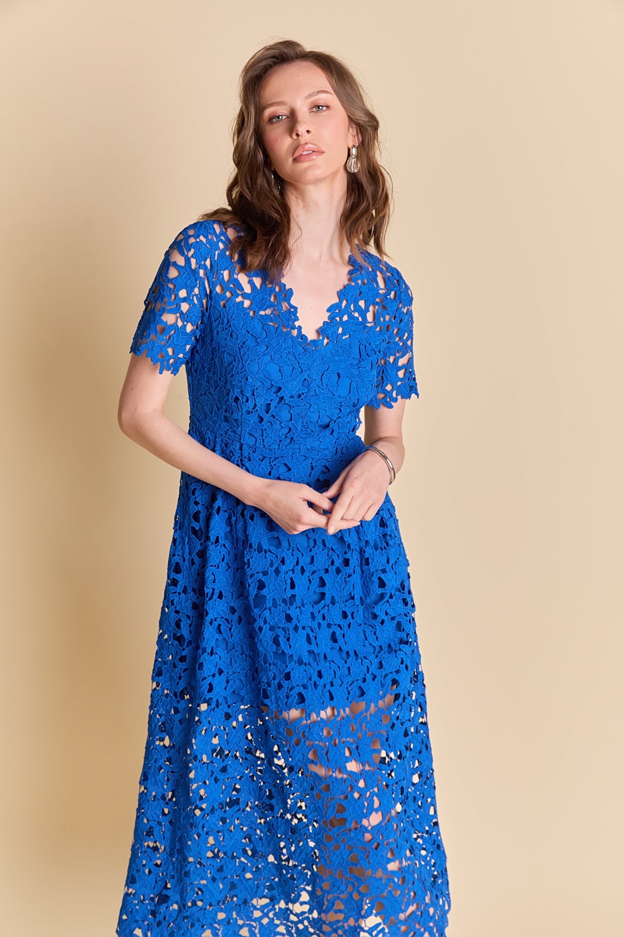 ENDLESS ROSE - All Over Lace Short Sleeves Midi Dress - DRESSES available at Objectrare