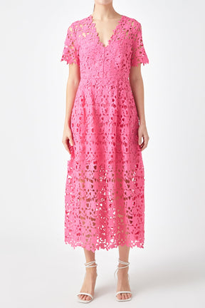 Endless Rose - All Over Lace Short Sleeves Midi Dress