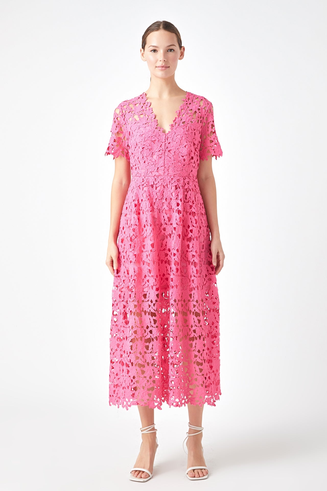 All Over Lace Short Sleeves Midi Dress