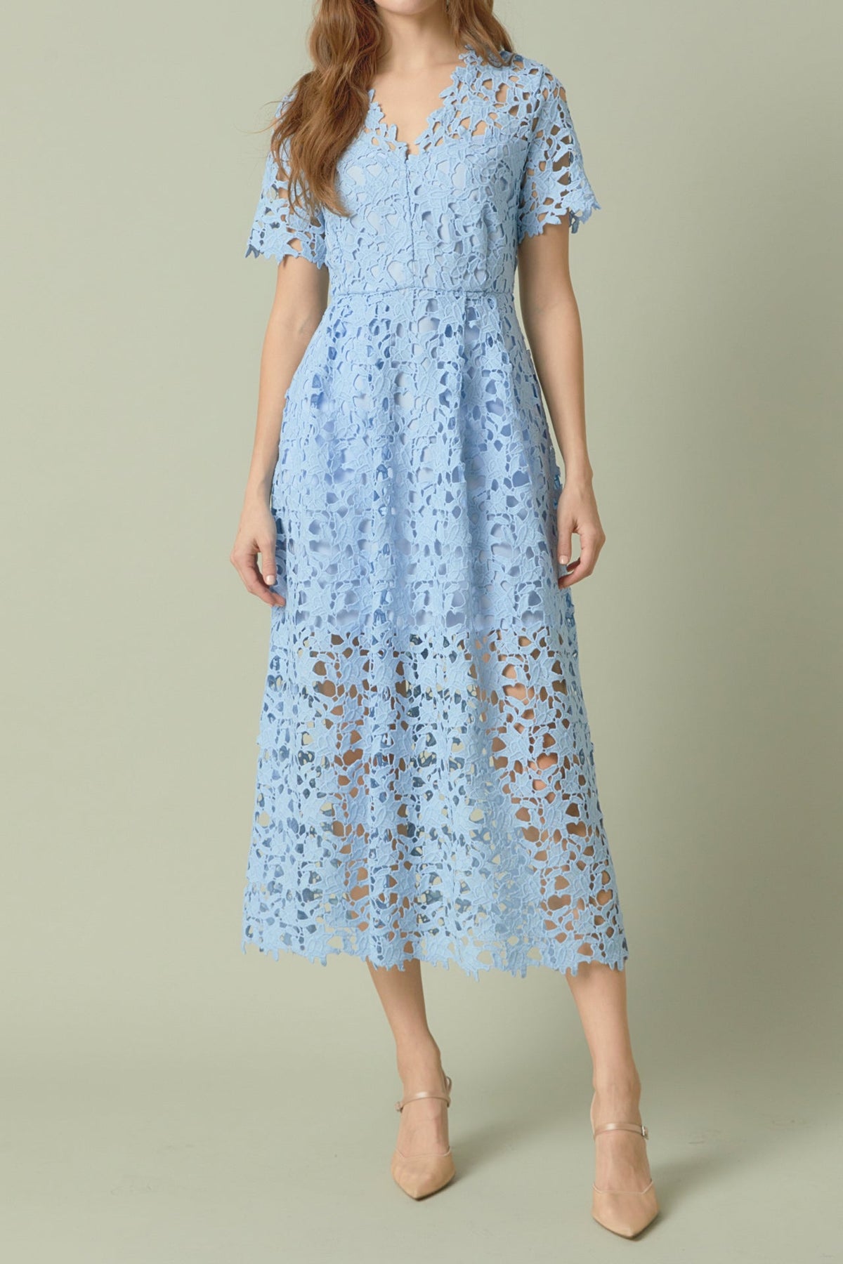 ENDLESS ROSE - All Over Lace Short Sleeves Midi Dress - DRESSES available at Objectrare