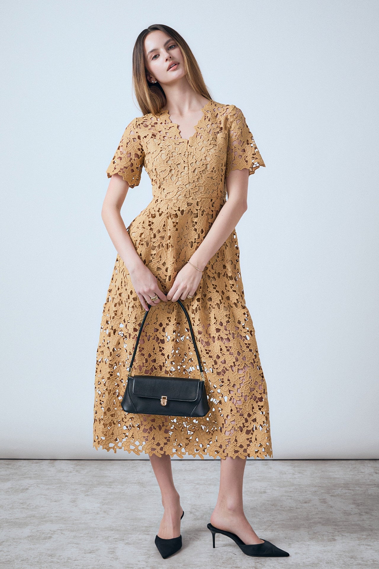 ENDLESS ROSE - All Over Lace Short Sleeves Midi Dress - DRESSES available at Objectrare