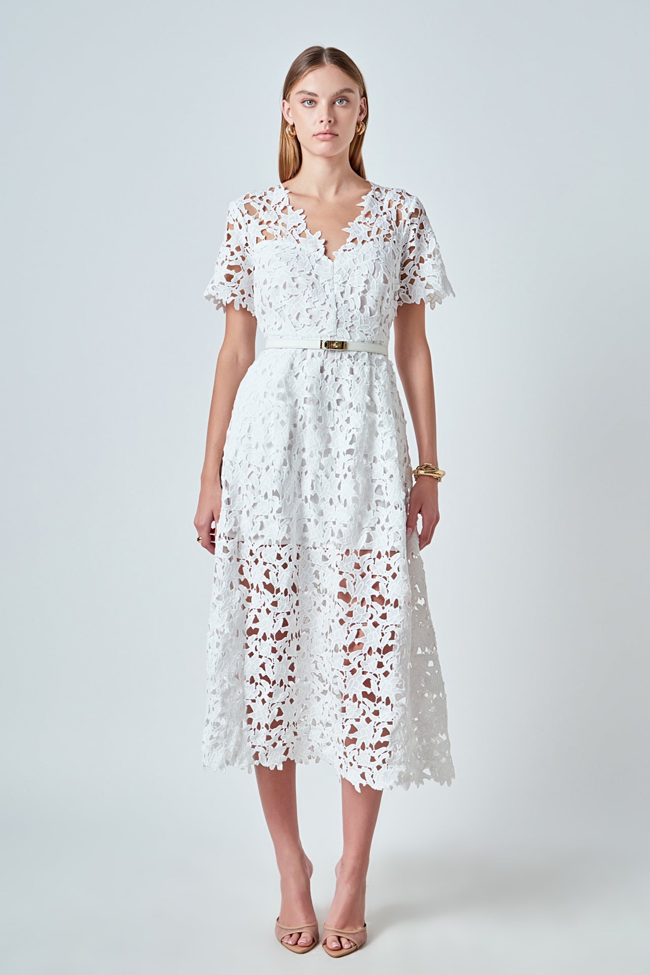 ENDLESS ROSE - All Over Lace Short Sleeves Midi Dress - DRESSES available at Objectrare