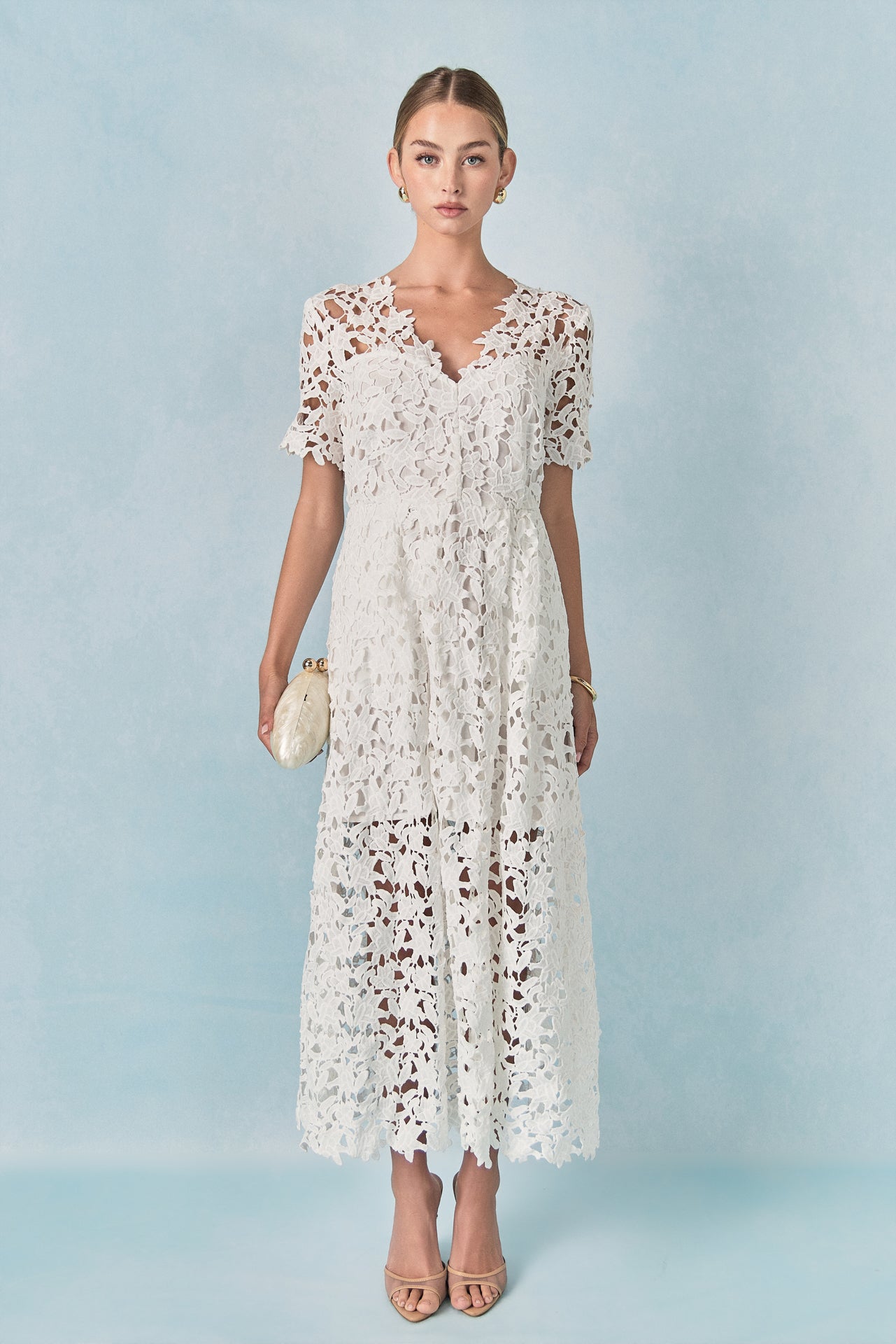 ENDLESS ROSE - All Over Lace Short Sleeves Midi Dress - DRESSES available at Objectrare