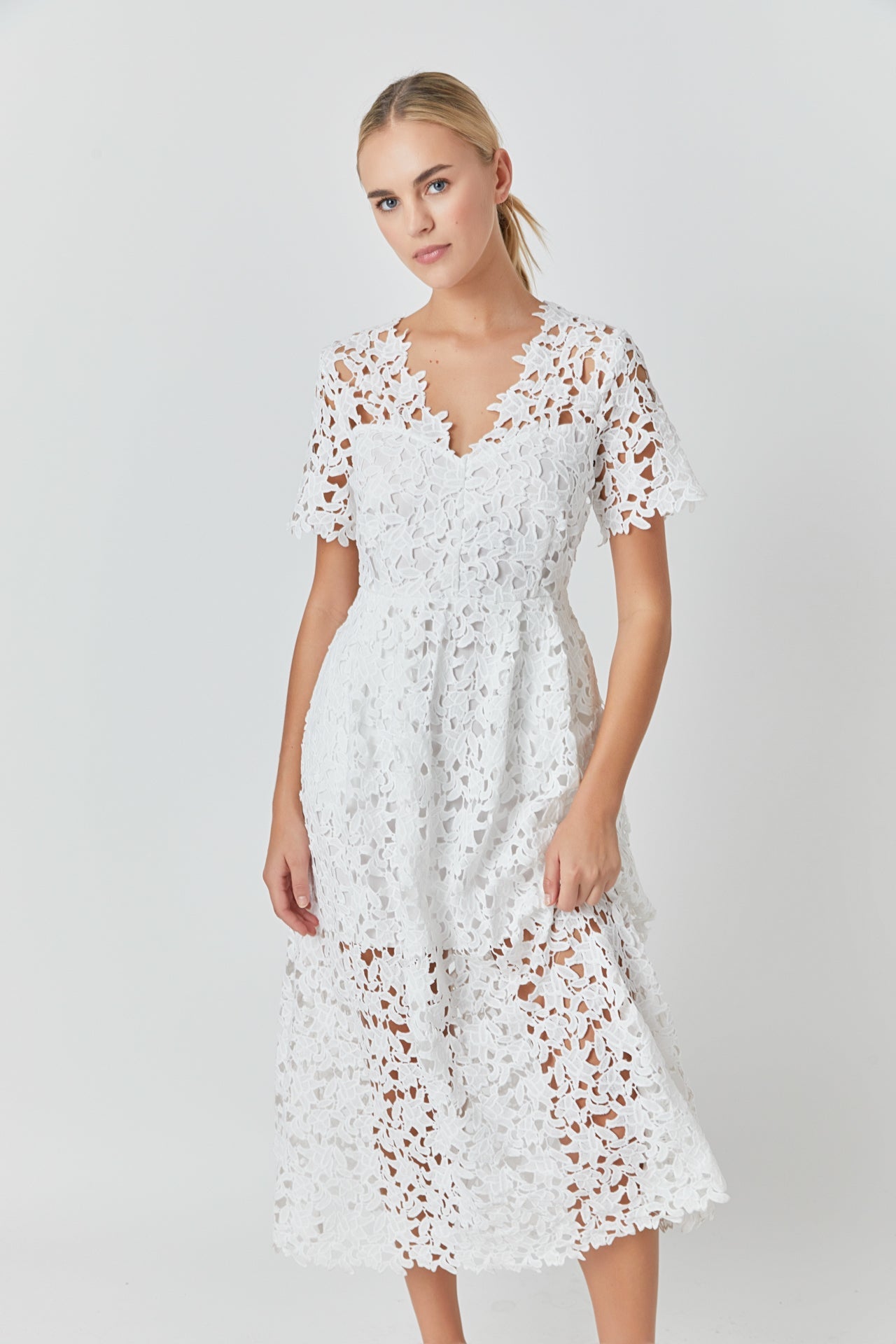 All Over Lace Short Sleeves Midi Dress