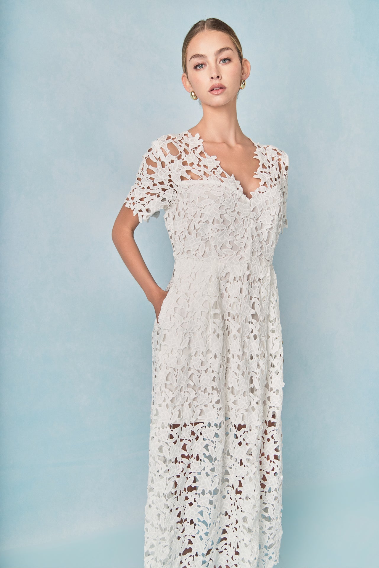 ENDLESS ROSE - All Over Lace Short Sleeves Midi Dress - DRESSES available at Objectrare