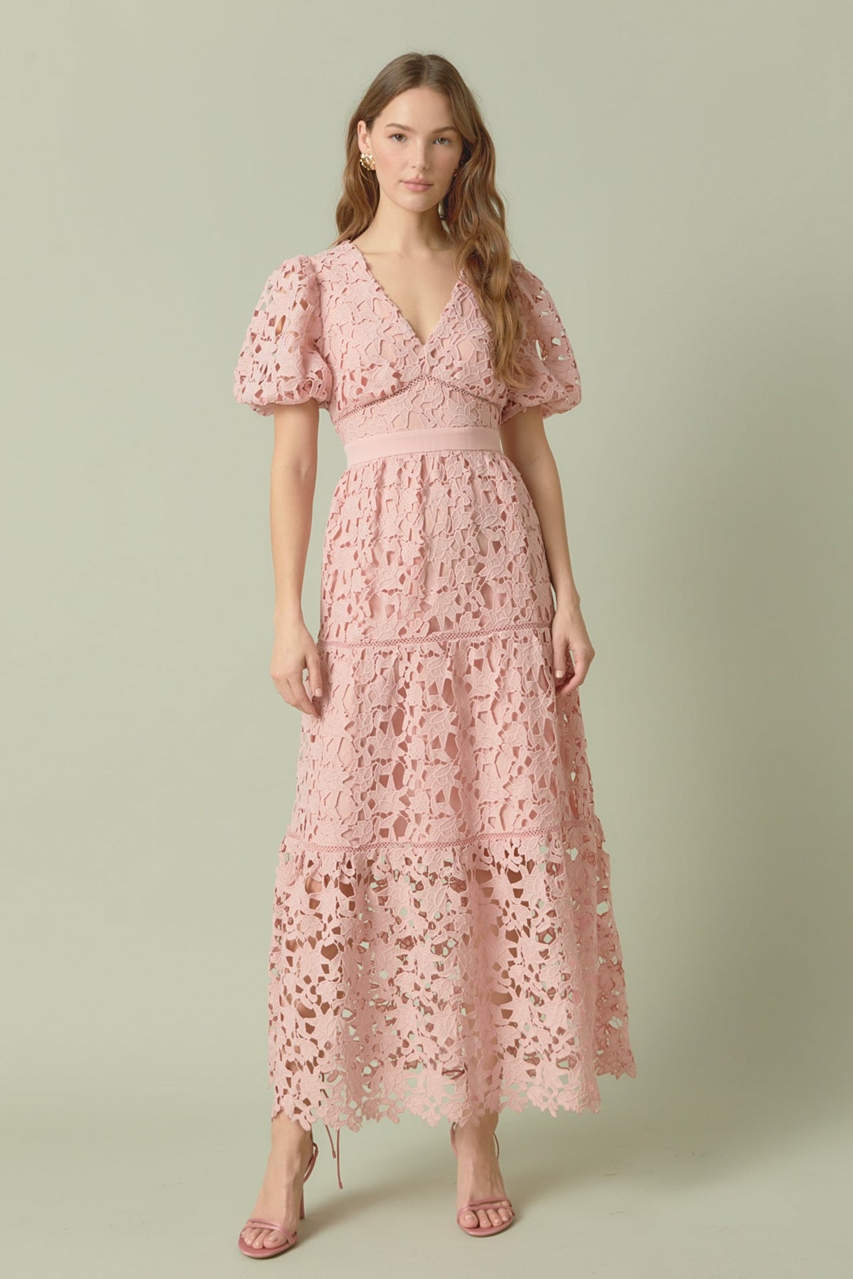 ENDLESS ROSE - Puff Sleeve Lace Tiered Maxi Dress - DRESSES available at Objectrare