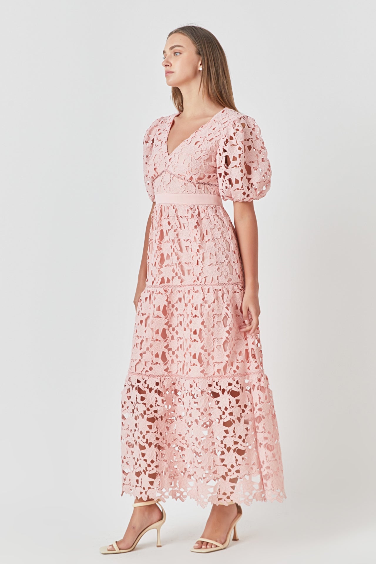ENDLESS ROSE - Puff Sleeve Lace Tiered Maxi Dress - DRESSES available at Objectrare