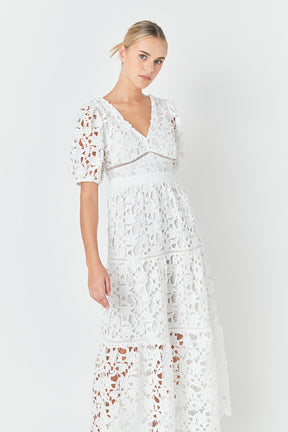 Puff Sleeve Lace Tiered Maxi Dress