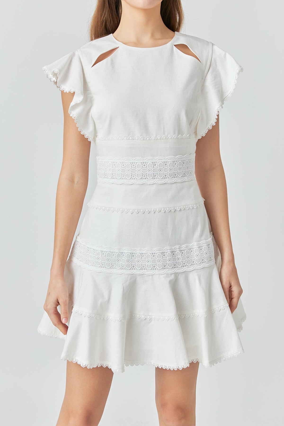 ENDLESS ROSE - Lace Trimmed Ruffle Sleeve Dress with Cutout - DRESSES available at Objectrare