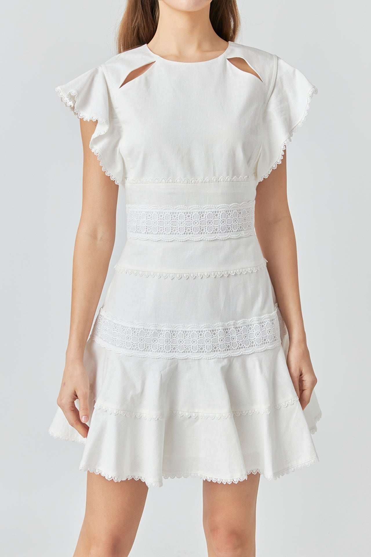 ENDLESS ROSE - Lace Trimmed Ruffle Sleeve Dress with Cutout - DRESSES available at Objectrare