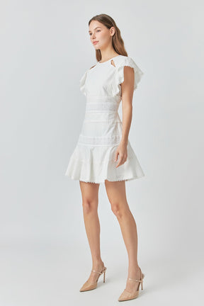 ENDLESS ROSE - Lace Trimmed Ruffle Sleeve Dress with Cutout - DRESSES available at Objectrare