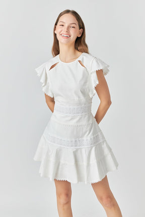 ENDLESS ROSE - Lace Trimmed Ruffle Sleeve Dress with Cutout - DRESSES available at Objectrare
