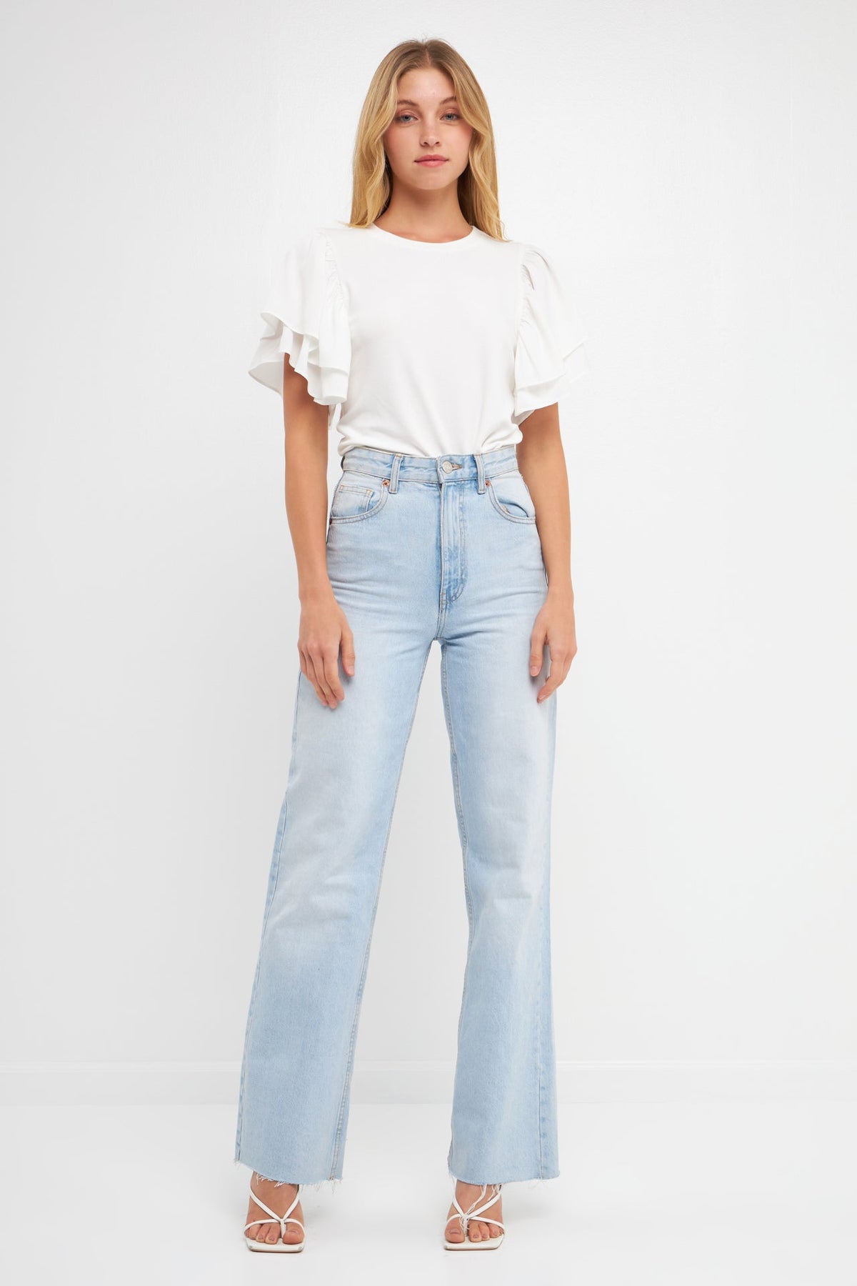 ENDLESS ROSE - Double Layers Ruffle Sleeve Crew Neck Top - TOPS available at Objectrare