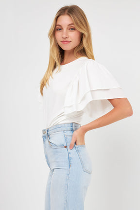 ENDLESS ROSE - Double Layers Ruffle Sleeve Crew Neck Top - TOPS available at Objectrare