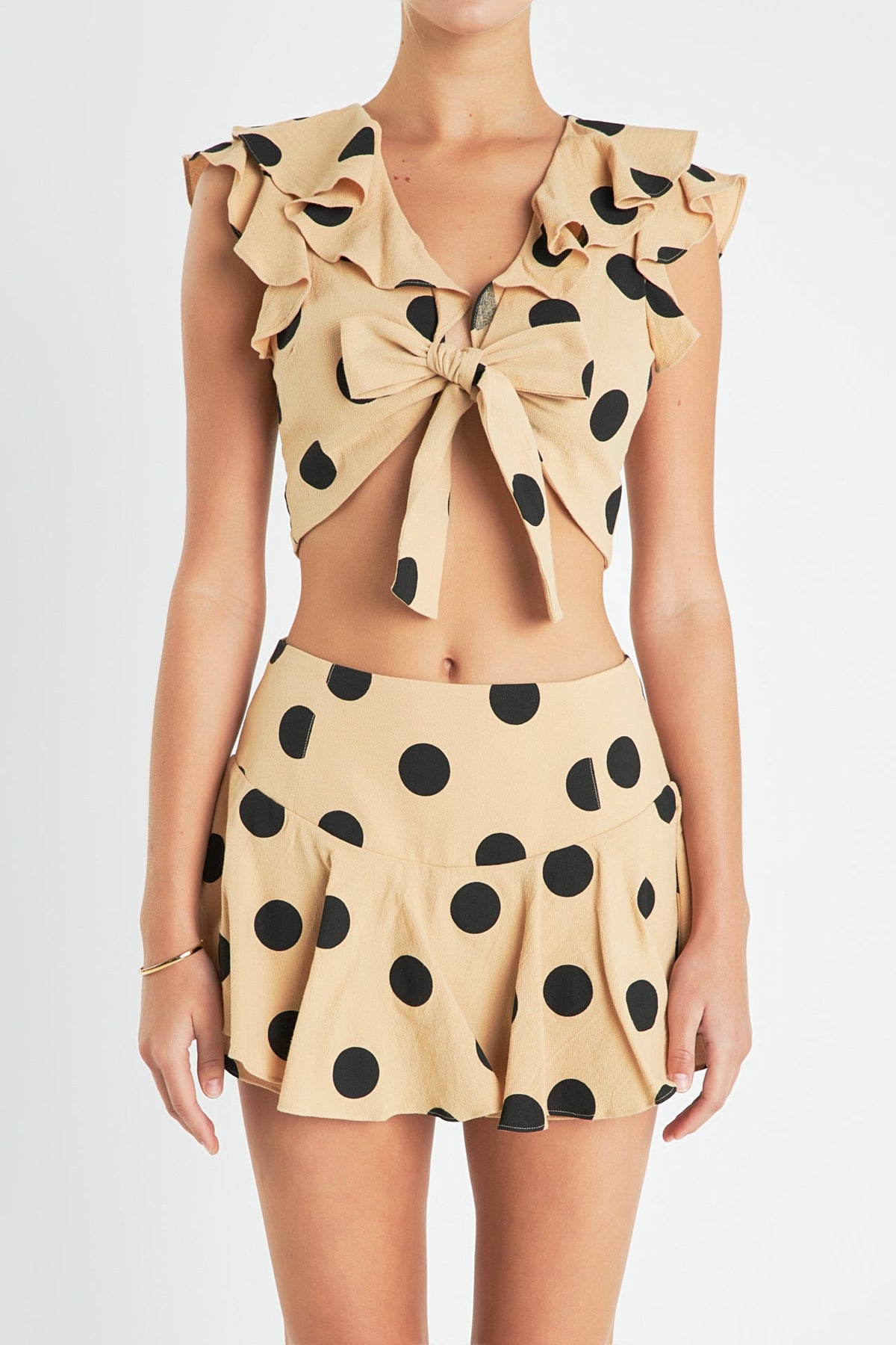 Ruffle Trimmed Cold Shoulder Front Tied Crop Top