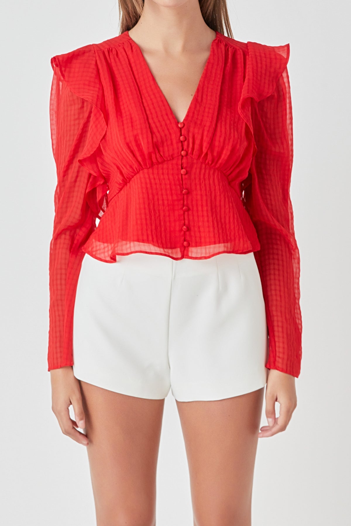 ENDLESS ROSE - Shoulder Ruffle Detailed Plunge Neck Woven Top - TOPS available at Objectrare