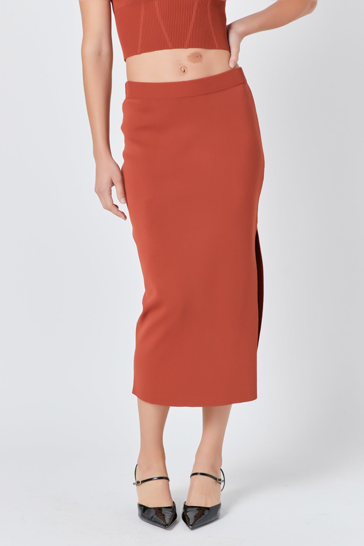 ENDLESS ROSE - Side Slit Detailed Knit Midi Skirt - SKIRTS available at Objectrare