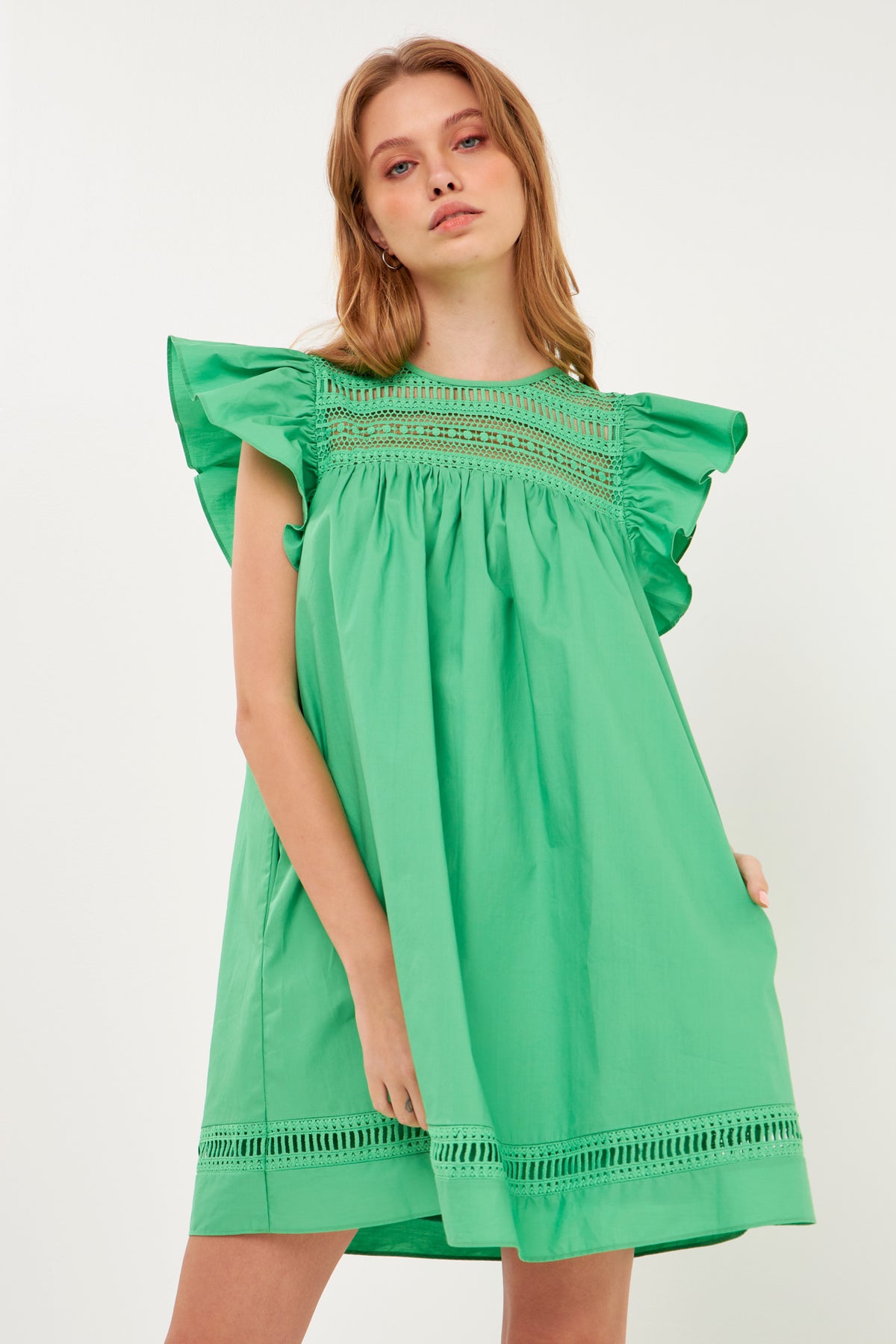 Lace Yoke Ruffle Sleeve Mini Dress