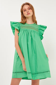 Lace Yoke Ruffle Sleeve Mini Dress