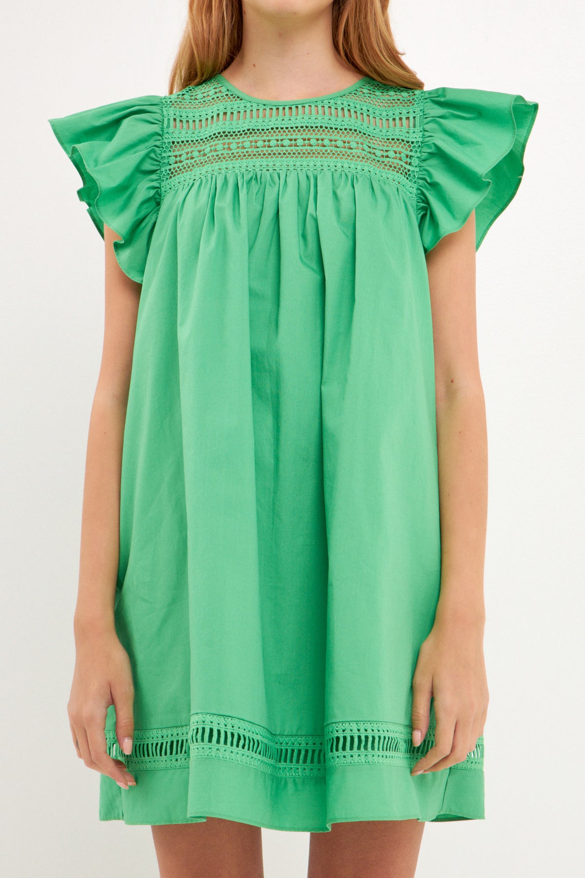 Lace Yoke Ruffle Sleeve Mini Dress