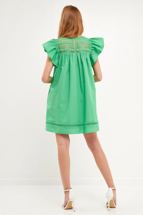 Lace Yoke Ruffle Sleeve Mini Dress