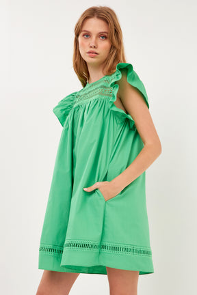 Lace Yoke Ruffle Sleeve Mini Dress