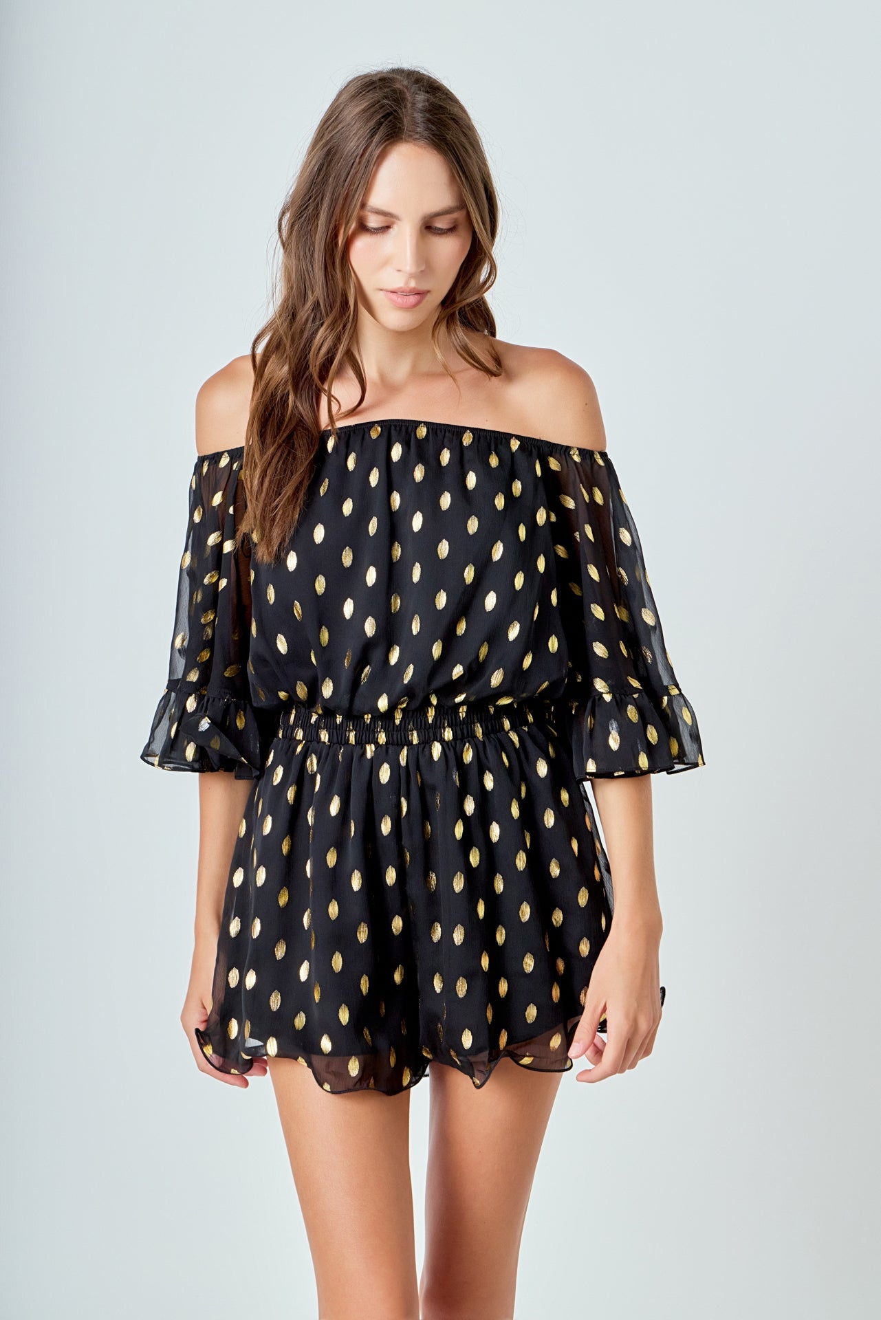ENDLESS ROSE - Foil Print Off-Shoulder Romper - ROMPERS available at Objectrare