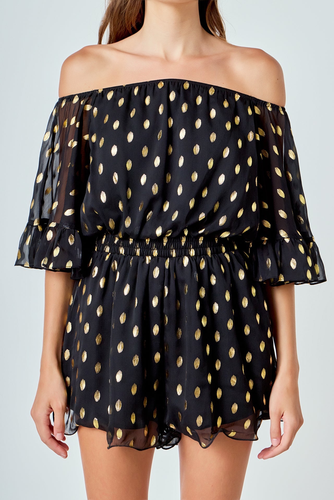 ENDLESS ROSE - Foil Print Off-Shoulder Romper - ROMPERS available at Objectrare