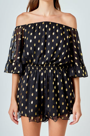 ENDLESS ROSE - Foil Print Off-Shoulder Romper - ROMPERS available at Objectrare