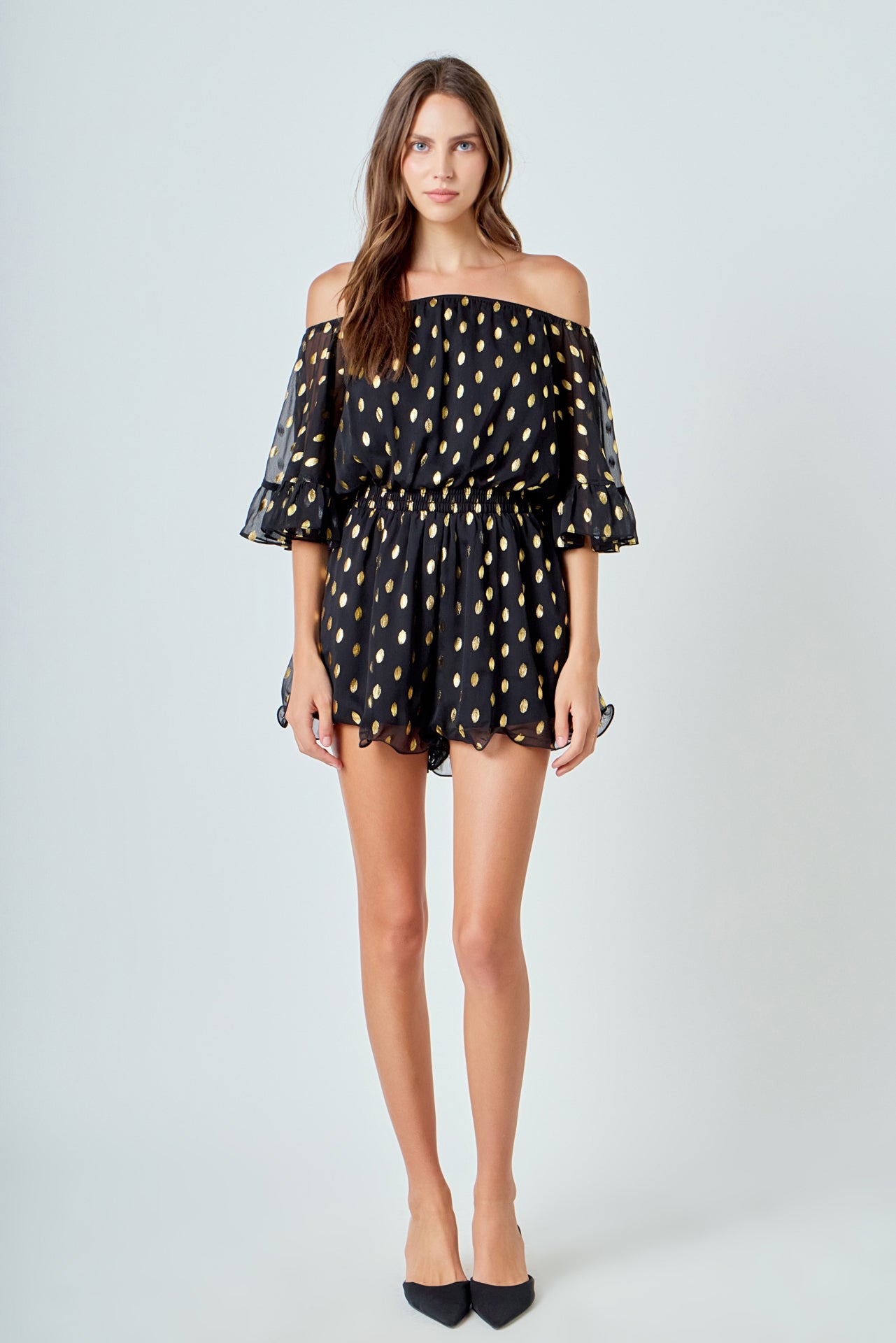 ENDLESS ROSE - Foil Print Off-Shoulder Romper - ROMPERS available at Objectrare