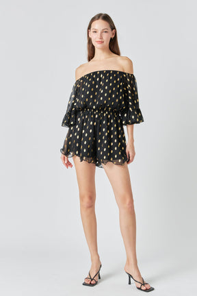 ENDLESS ROSE - Endless Rose - Foil Print Off-Shoulder Romper - ROMPERS available at Objectrare