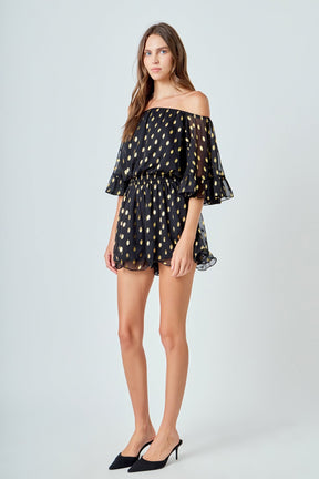 ENDLESS ROSE - Foil Print Off-Shoulder Romper - ROMPERS available at Objectrare