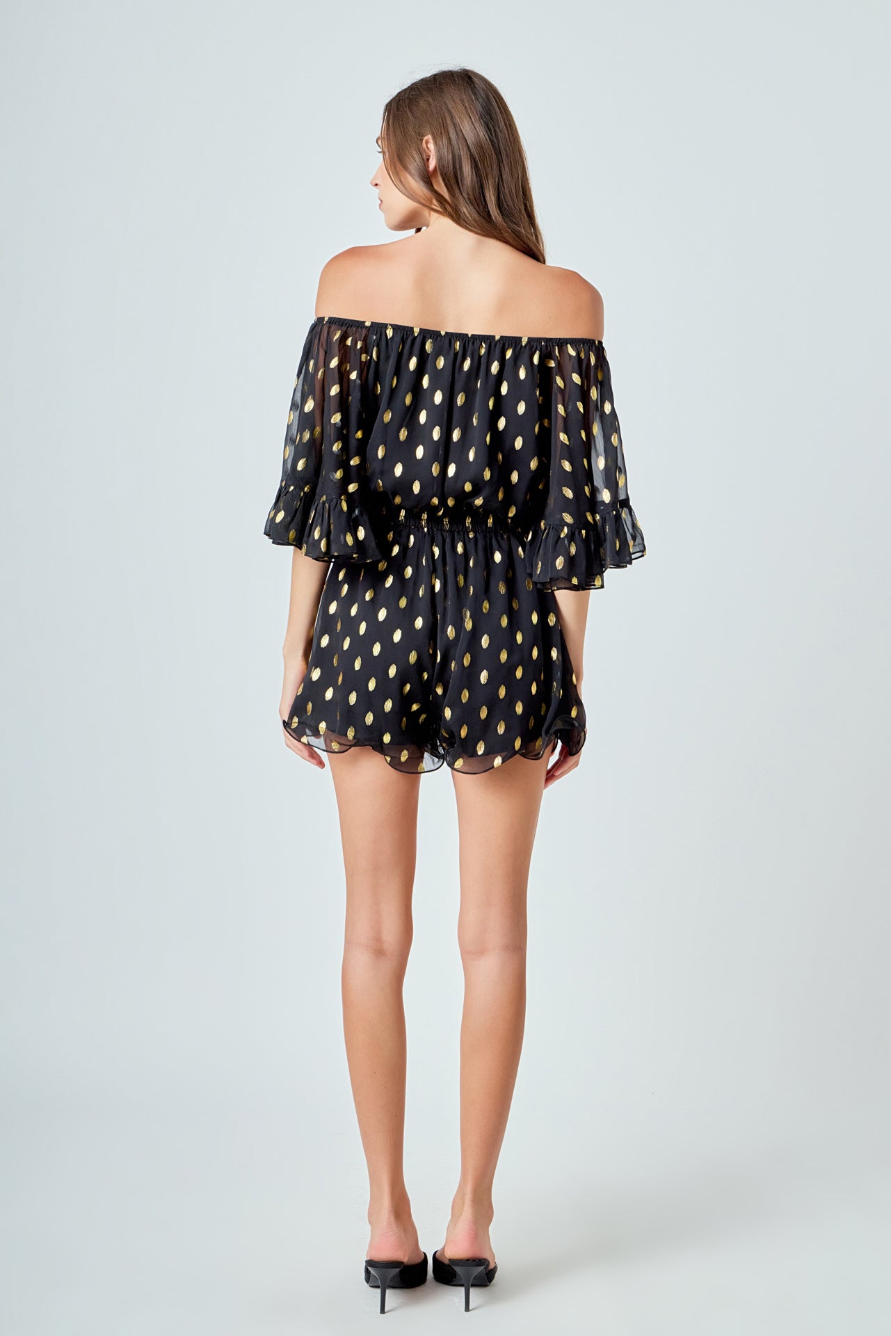 ENDLESS ROSE - Foil Print Off-Shoulder Romper - ROMPERS available at Objectrare