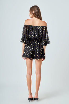 ENDLESS ROSE - Foil Print Off-Shoulder Romper - ROMPERS available at Objectrare