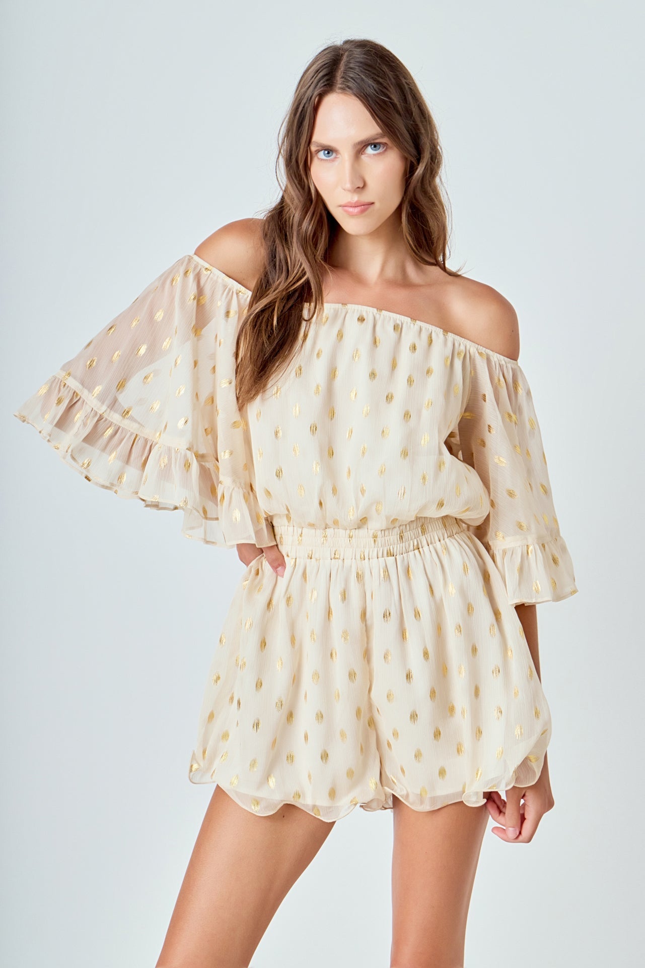 ENDLESS ROSE - Foil Print Off-Shoulder Romper - ROMPERS available at Objectrare