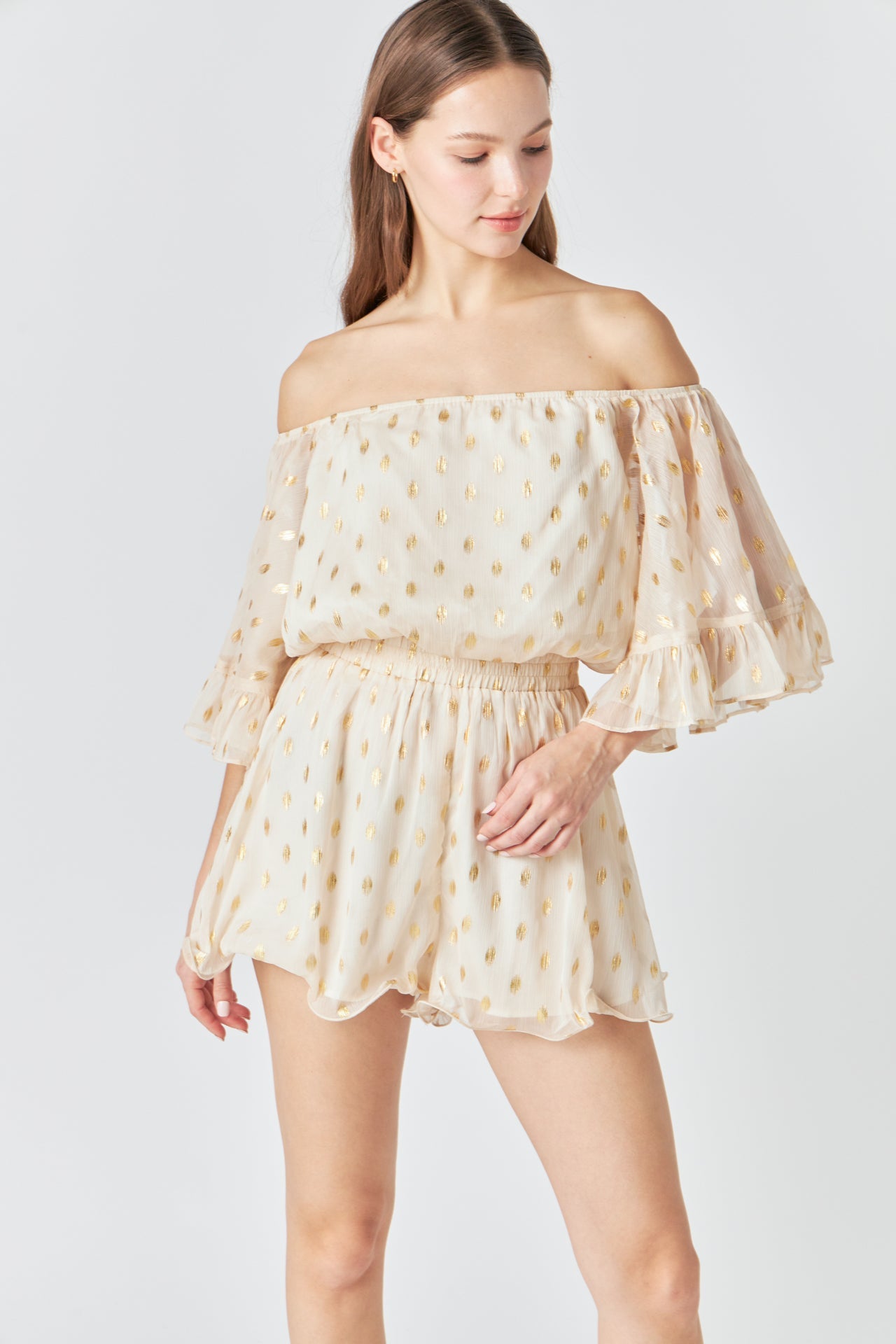 ENDLESS ROSE - Endless Rose - Foil Print Off-Shoulder Romper - ROMPERS available at Objectrare