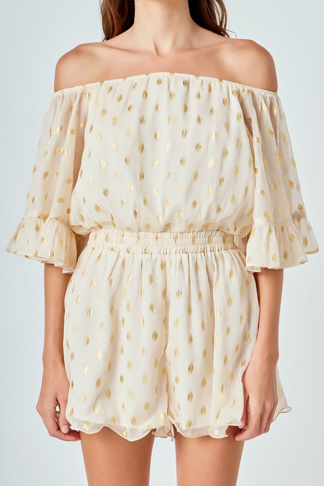 ENDLESS ROSE - Foil Print Off-Shoulder Romper - ROMPERS available at Objectrare