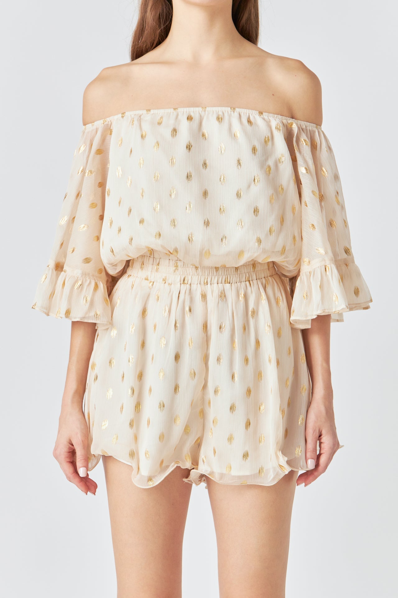 ENDLESS ROSE - Endless Rose - Foil Print Off-Shoulder Romper - ROMPERS available at Objectrare