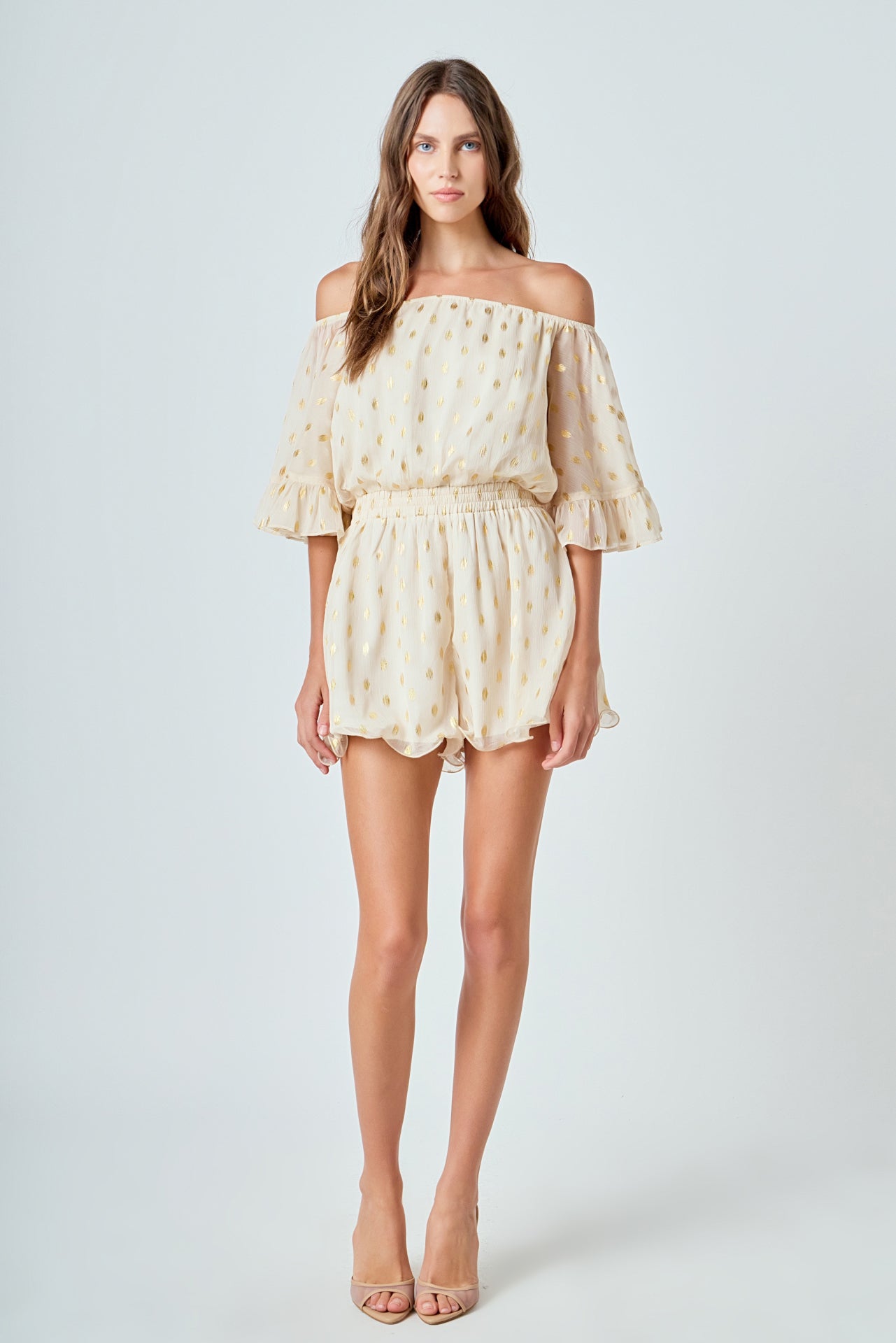 ENDLESS ROSE - Foil Print Off-Shoulder Romper - ROMPERS available at Objectrare