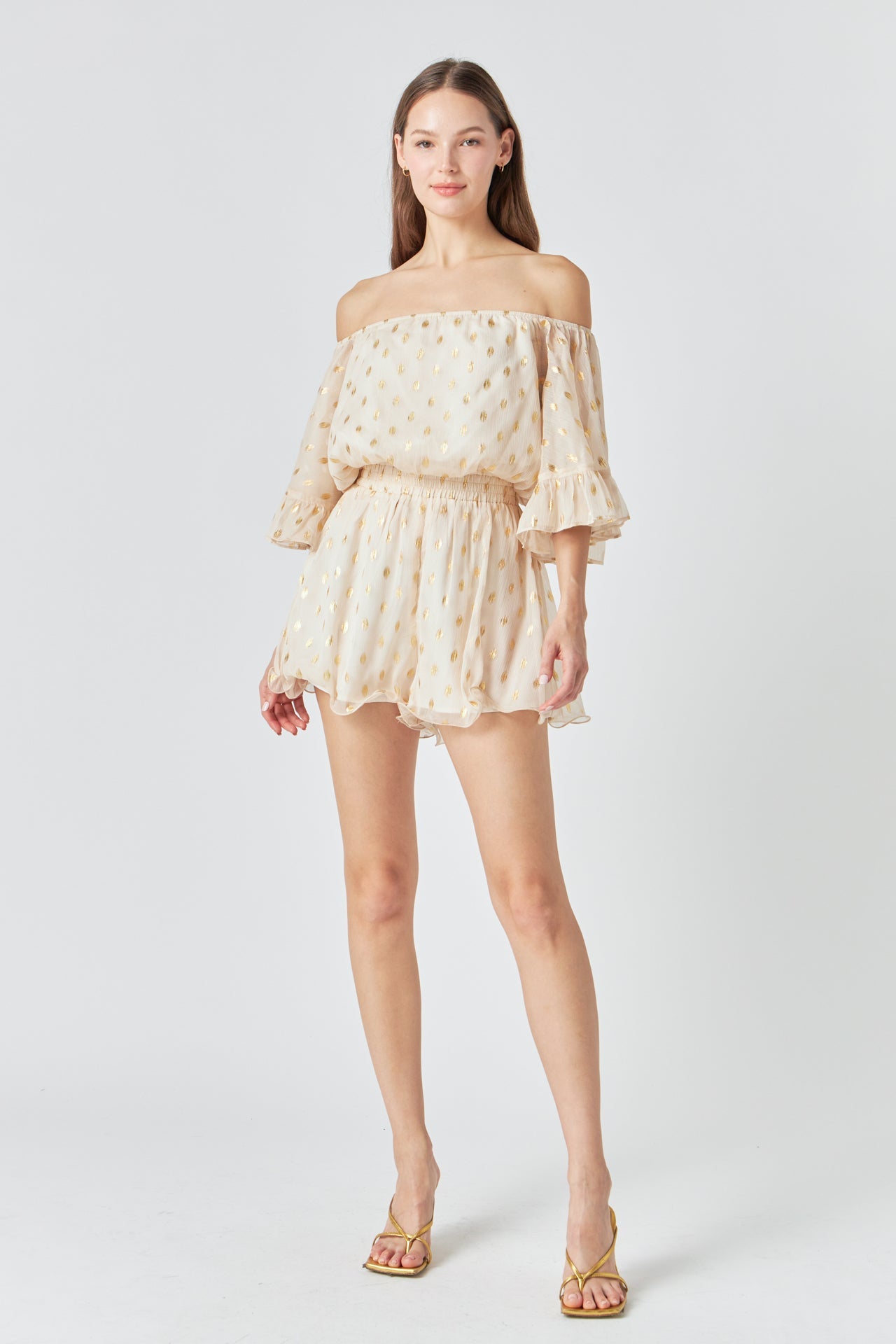 ENDLESS ROSE - Endless Rose - Foil Print Off-Shoulder Romper - ROMPERS available at Objectrare