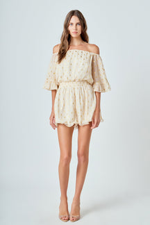 ENDLESS ROSE - Foil Print Off-Shoulder Romper - ROMPERS available at Objectrare