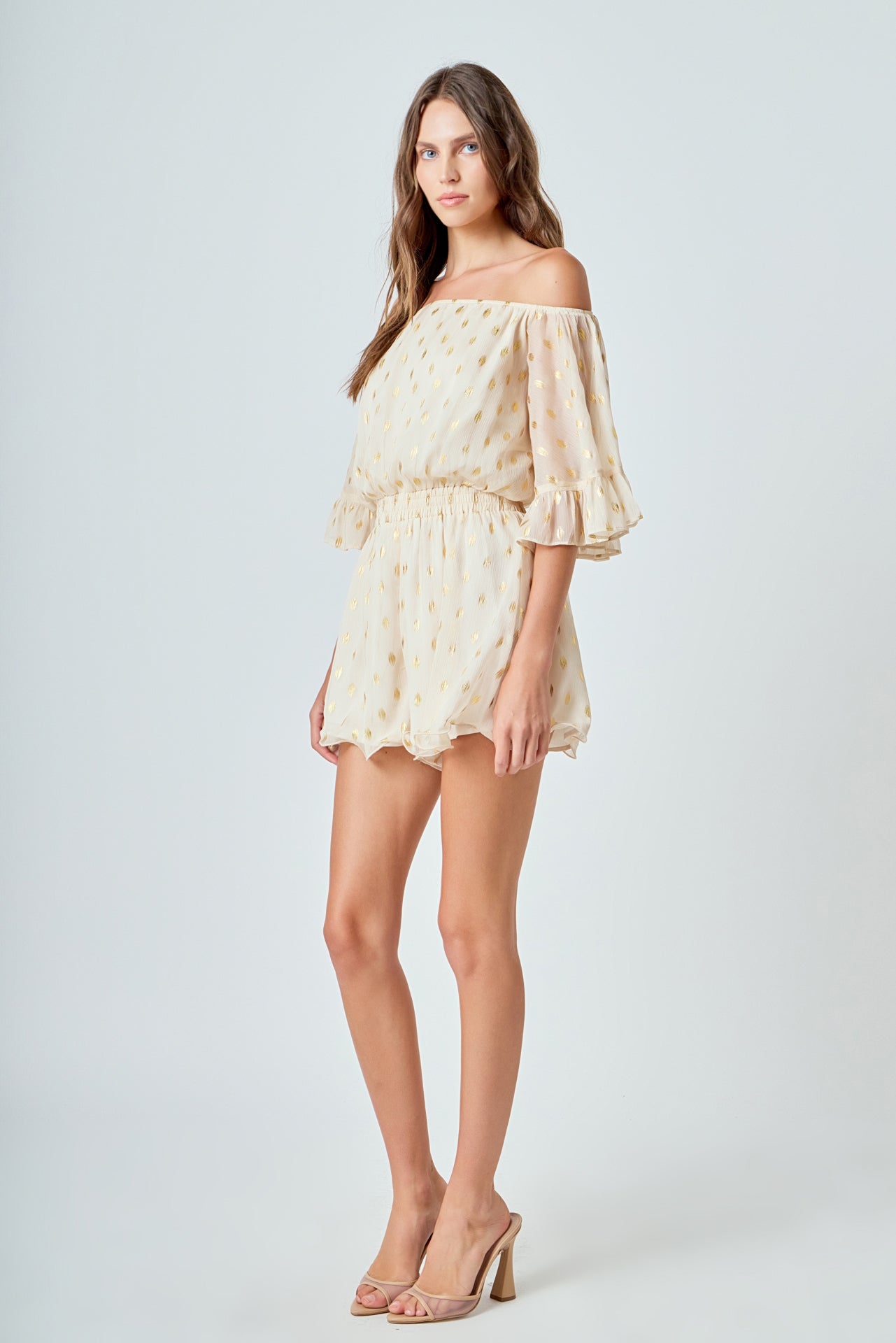 ENDLESS ROSE - Foil Print Off-Shoulder Romper - ROMPERS available at Objectrare